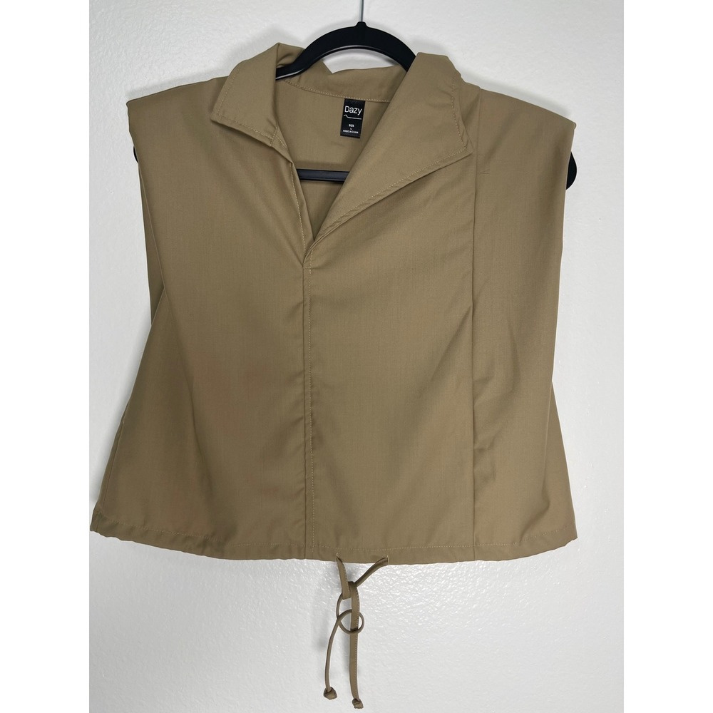 Dazy Women Khaki Tan Sleeveless Utility Top Drawstring Hem Notched Collar Large